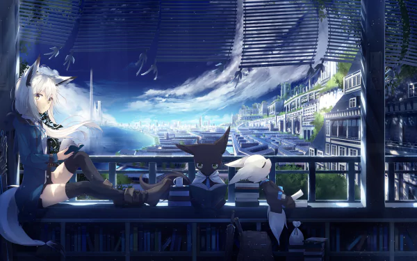 HD desktop wallpaper of an anime cityscape under a clear sky, featuring a kitsune with a sword, creating a serene and scenic backdrop.