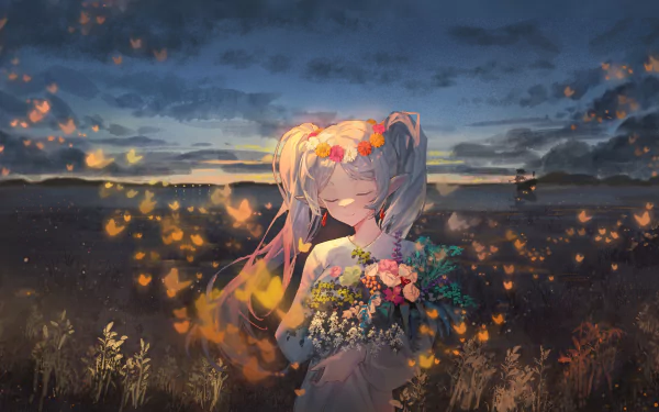 Anime-style 4K Ultra HD wallpaper featuring Frieren from Frieren: Beyond Journey's End holding a bouquet, surrounded by glowing embers in a twilight field.