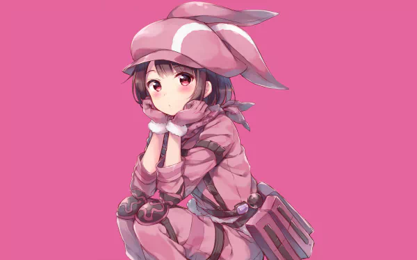 HD desktop wallpaper of LLENN (Karen Kohiruimaki) from Sword Art Online Alternative: Gun Gale Online, featuring her in a pink outfit against a pink background.