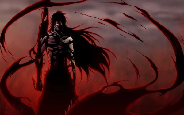 HD desktop wallpaper of Ichigo Kurosaki from the anime Bleach, showcasing a dramatic scene with dark, swirling red and black tones, evoking a sense of intensity and power.