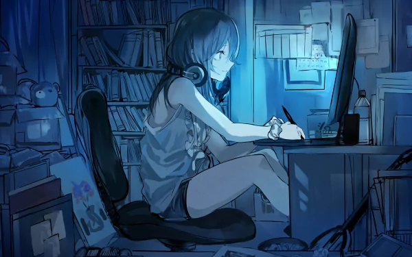 Anime character wearing headphones, sitting at a desk in a dimly lit room with books and papers scattered around, working on a computer. HD desktop wallpaper background.