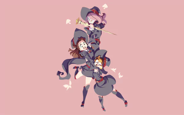 HD wallpaper featuring Sucy Manbavaran, Lotte Yanson, and Atsuko Kagari from the anime Little Witch Academia on a pink background.