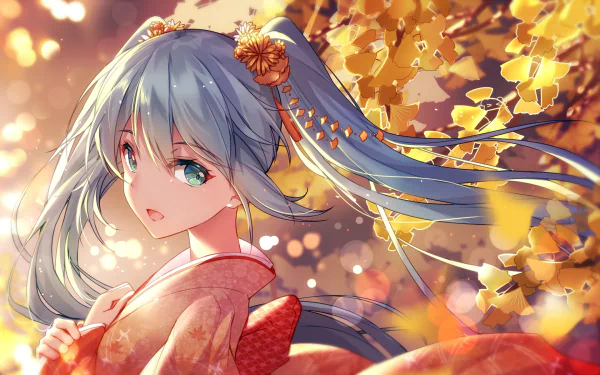 Anime character Hatsune Miku with aqua hair and eyes, wearing a kimono, and twintails hairstyle, set against a vibrant background of yellow leaves. HD desktop wallpaper.