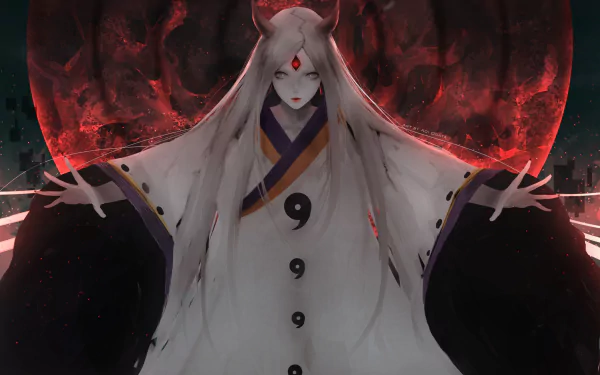 HD desktop wallpaper of anime character Kaguya Ōtsutsuki from Naruto, featuring her with long white hair and a detailed, dark background.