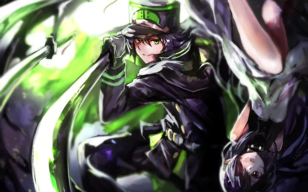 Anime-inspired HD desktop wallpaper from Seraph of the End, featuring dynamic characters wielding weapons against a vibrant green and black background.