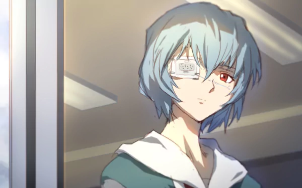 HD desktop wallpaper featuring Rei Ayanami from Neon Genesis Evangelion, wearing an eye patch, gazing thoughtfully, with soft light highlighting her blue hair and school uniform.