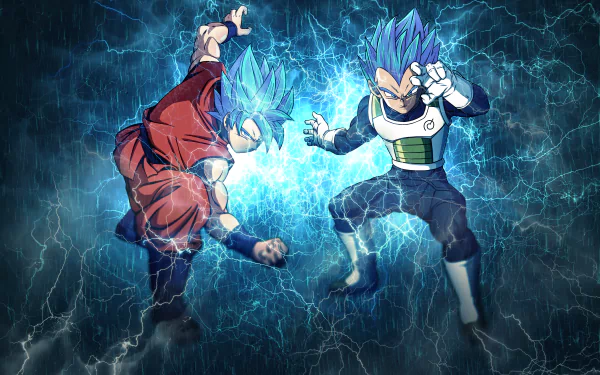 HD desktop wallpaper featuring Super Saiyan Blue Goku and Vegeta from Dragon Ball Super, surrounded by blue lightning energy as they prepare for combat.