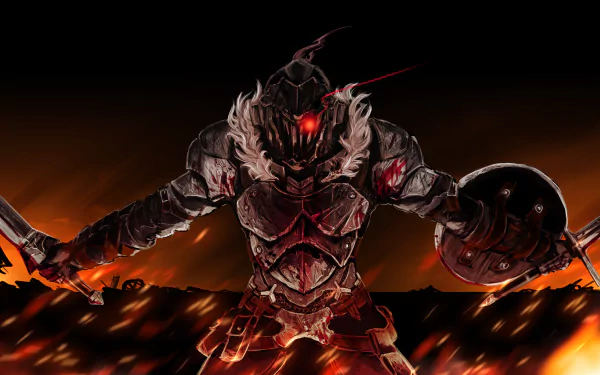 HD anime desktop wallpaper featuring Goblin Slayer in bloodied armor and helmet, wielding a sword and shield against a fiery background.