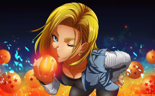 4K Ultra HD anime wallpaper featuring Android 18 from Dragon Ball, holding a glowing Dragon Ball surrounded by other Dragon Balls against a dark background.