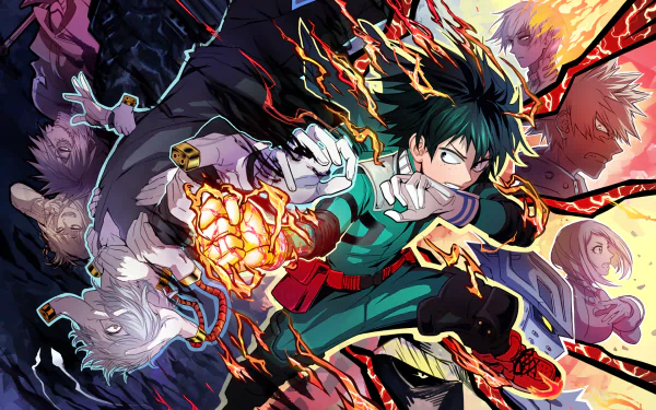 HD desktop wallpaper featuring Shoto Todoroki, Katsuki Bakugou, and Izuku Midoriya from the anime My Hero Academia, in a dynamic and intense action scene with vibrant colors and powerful effects.