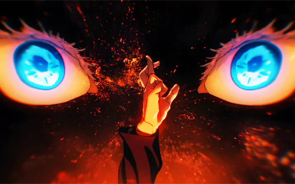 HD desktop wallpaper and background featuring Satoru Gojo from the anime Jujutsu Kaisen, with his intense blue eyes and hand gesture surrounded by fiery effects.
