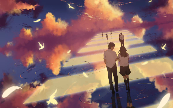 Anime HD desktop wallpaper featuring an original design of characters walking along a reflective path with floating feathers and vibrant clouds in the background.