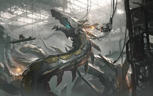 4K Ultra HD anime-style Yu-Gi-Oh! wallpaper featuring a colossal mechanical dragon in an industrial setting with sparks and dynamic lighting.