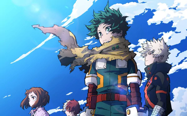 HD PC desktop wallpaper featuring characters from the anime My Hero Academia standing against a bright blue sky with clouds.