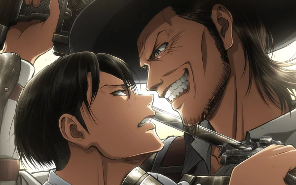 HD desktop wallpaper featuring Levi Ackerman and Kenny Ackerman from the anime Attack on Titan. The intense scene showcases a confrontation with detailed expressions and dramatic lighting.