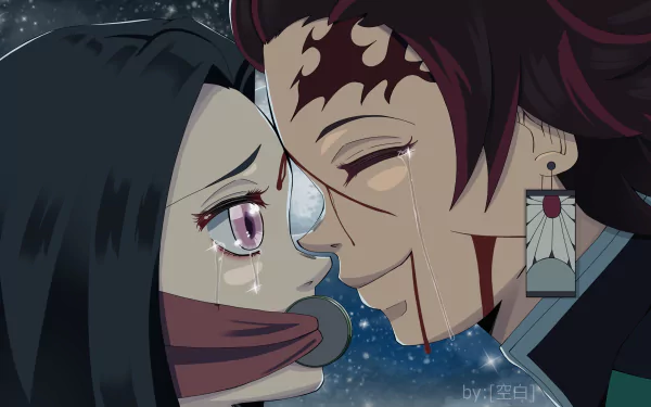 HD desktop wallpaper featuring Nezuko Kamado and Tanjiro Kamado from the anime Demon Slayer: Kimetsu no Yaiba, sharing a poignant moment with tears in their eyes.
