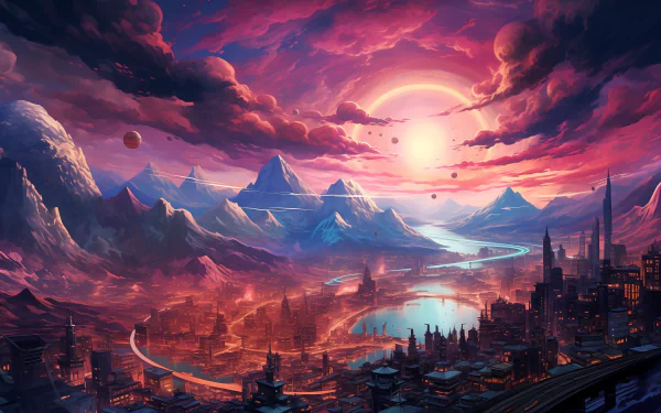 A captivating anime-style illustration of a futuristic city against a majestic mountain range, under a vibrant sunset sky, tagged AI Art. This HD wallpaper makes for an enchanting desktop background.