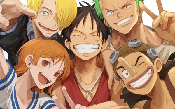 HD PC desktop wallpaper featuring a vibrant anime scene with main One Piece characters smiling and posing closely together.