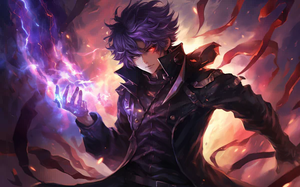 A magical anime character with glowing purple energy in hand, set against a fiery, dynamic background. HD AI art designed as a PC desktop wallpaper.