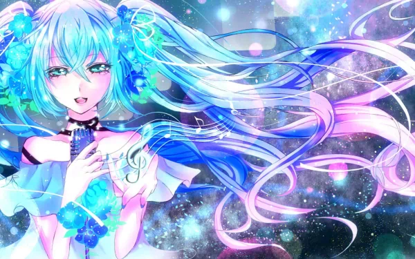 HD desktop wallpaper featuring Hatsune Miku from Vocaloid. The anime-style artwork showcases Miku in vibrant colors with flowing hair and a dreamy background filled with musical notes and sparkles.