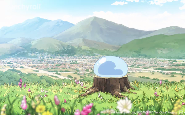 Rimuru Tempest from That Time I Got Reincarnated as a Slime rests on a tree stump overlooking a vibrant nature-filled valley in this 8K Ultra HD anime desktop wallpaper.