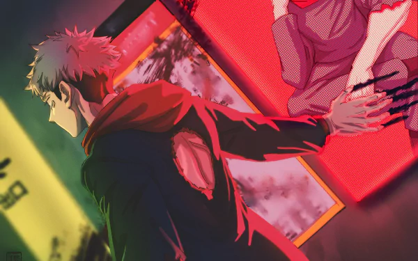 4K Ultra HD anime wallpaper featuring Yuji Itadori from Jujutsu Kaisen with intense red and dark tones highlighting dynamic motion in the scene.