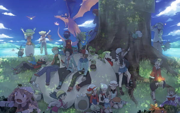 HD desktop wallpaper featuring Pokémon anime characters gathered around a large tree, with vibrant scenery and a majestic Charizard flying overhead.