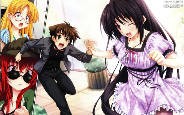 A colorful HD wallpaper featuring Akeno Himejima, Issei Hyoudou, Rias Gremory, and Asia Argento from High School DxD, showcasing a lively interaction among the characters.