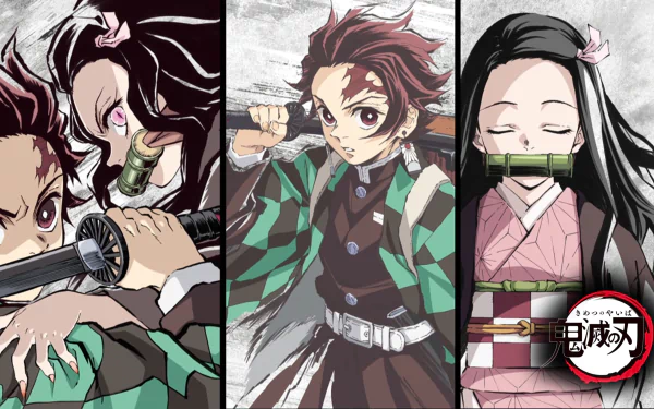 HD desktop wallpaper featuring Nezuko and Tanjiro Kamado from the anime Demon Slayer: Kimetsu no Yaiba. The image showcases Nezuko's demonic features and Tanjiro in his iconic checkered haori.