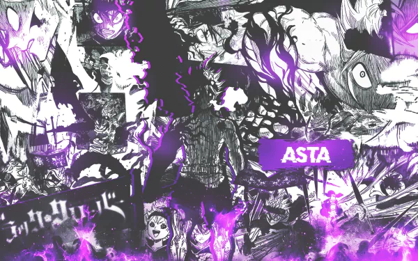 HD desktop wallpaper featuring Asta from the anime Black Clover, highlighted in dynamic purple and black artistic style.