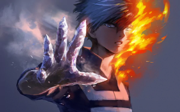 HD desktop wallpaper featuring Shoto Todoroki from My Hero Academia, illustrating his dual powers with one hand emitting ice and the other surrounded by flames.