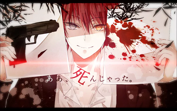 HD desktop wallpaper featuring Karma Akabane from Assassination Classroom, holding two pictures—one of a gun, the other splattered with blood—while wearing a confident smile. Text in Japanese included.