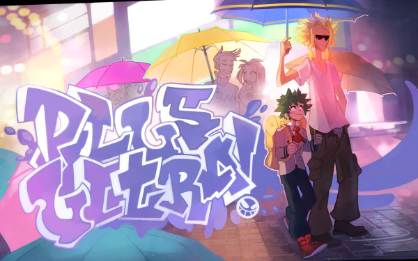 4K Ultra HD My Hero Academia anime wallpaper featuring characters holding colorful umbrellas in a vibrant, rainy urban setting.