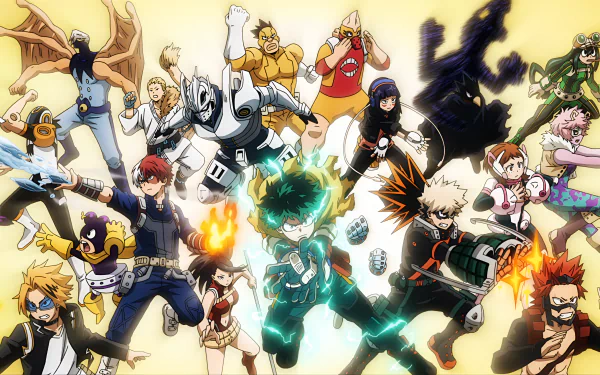 4K Ultra HD My Hero Academia anime wallpaper featuring multiple heroes in dynamic action poses, showcasing vibrant colors and detailed character designs.