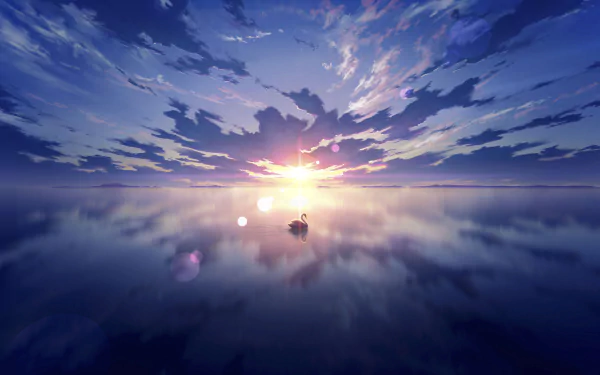 HD anime landscape wallpaper featuring a serene lake with a swan in the center, reflecting a stunning sunset with dramatic clouds.