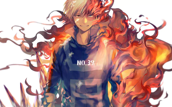 HD desktop wallpaper of Shoto Todoroki from My Hero Academia. He is depicted with his signature two-toned hair and a serious expression, surrounded by vibrant flames.