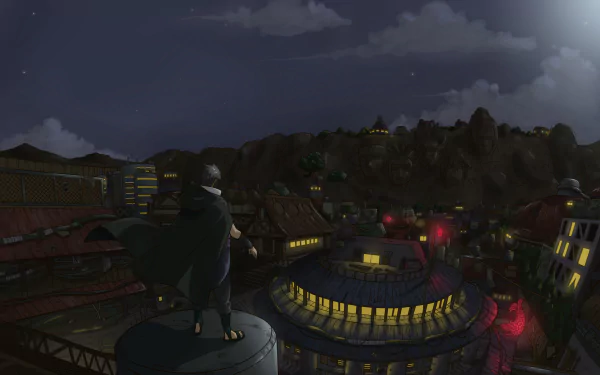 A dramatic night scene of Sasuke Uchiha overlooking Konohagakure, showcasing the dark anime aesthetic of Naruto. This HD wallpaper captures a tense, atmospheric moment.