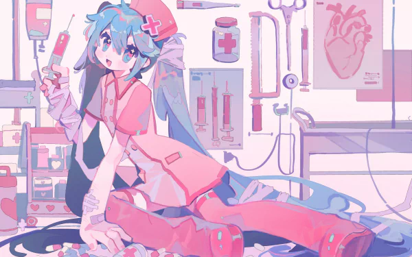 HD anime wallpaper featuring pink-themed Hatsune Miku dressed as a nurse, surrounded by medical equipment, blending Vocaloid style with a soft, pastel aesthetic.