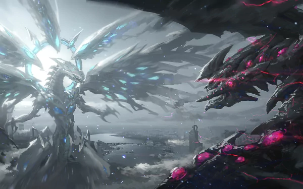 4K Ultra HD anime wallpaper featuring an epic duel between two powerful dragons from Yu-Gi-Oh!, set against a dramatic, stormy sky backdrop.