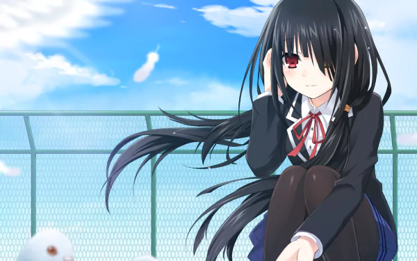 A high-definition desktop wallpaper featuring Kurumi Tokisaki from the anime Date A Live, sitting thoughtfully with a bright blue sky and soft clouds in the background.