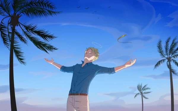 4K Ultra HD PC desktop wallpaper featuring Kento Nanami from the anime Jujutsu Kaisen, standing with arms outstretched against a vibrant blue sky and palm trees.