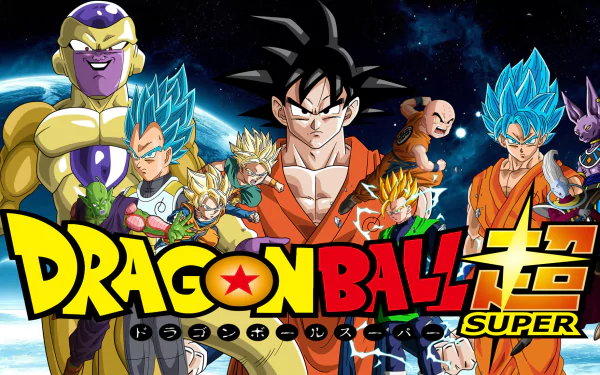 HD desktop wallpaper of Dragon Ball Super featuring various characters, including Goku and his allies, standing against a cosmic background with the show's logo prominently displayed.