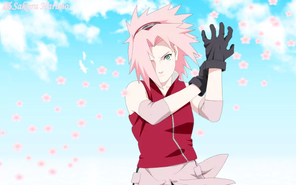 HD desktop wallpaper featuring Sakura Haruno from Naruto anime. Sakura stands ready for action under a blue sky with scattered clouds and floating pink cherry blossoms.