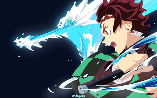 Dynamic 4K Ultra HD wallpaper featuring Tanjiro Kamado from the anime Demon Slayer: Kimetsu no Yaiba, showcasing his intense action and determination in a vivid scene.