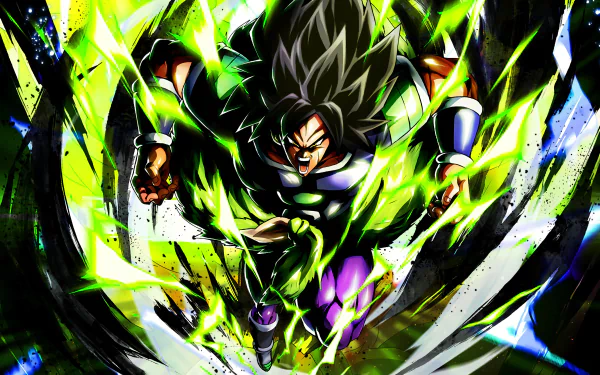 HD wallpaper featuring Broly from the anime Dragon Ball Super: Broly, depicted in dynamic action surrounded by green energy.