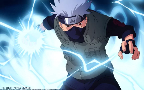HD desktop wallpaper featuring Kakashi Hatake from Naruto, showcasing his Sharingan and lightning attack in an intense anime scene.