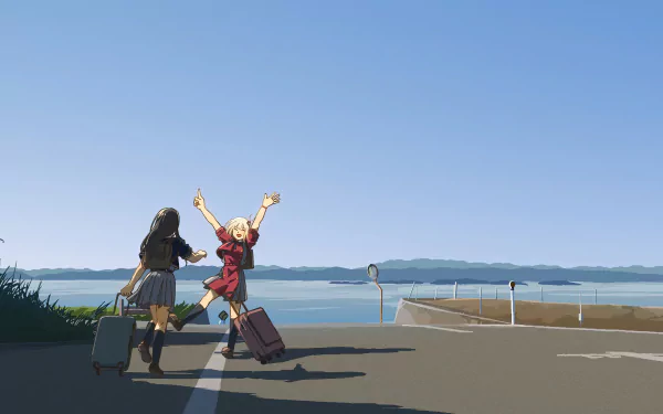 Takina Inoue and Chisato Nishikigi from Lycoris Recoil stand with luggage by a waterfront, depicted in vibrant anime style for an 8K Ultra HD PC desktop wallpaper.