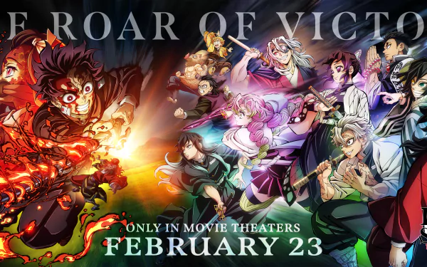 HD desktop wallpaper featuring characters from Demon Slayer: Kimetsu no Yaiba, showing an intense scene with the anime's ensemble cast ready for battle. Text indicates a theatrical release date of February 23.