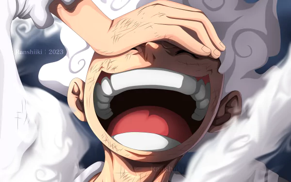 HD desktop wallpaper featuring Monkey D. Luffy in Gear 5 mode from the anime One Piece, showing him with a wide, joyful expression and white hair with a swirling design.