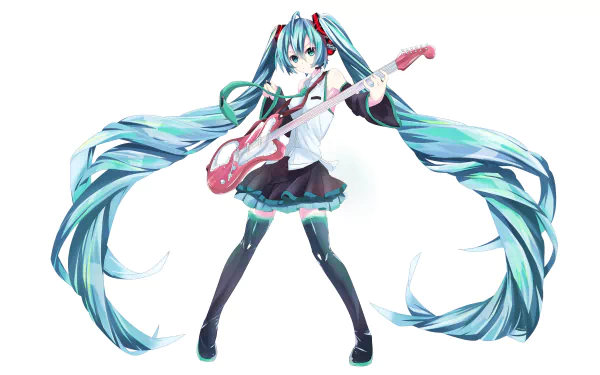 A vibrant 4K Ultra HD wallpaper featuring Hatsune Miku, the iconic Vocaloid character, playing a red guitar with her long turquoise hair flowing elegantly.
